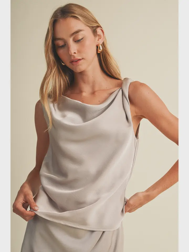Cowl neck satin tie top dove
