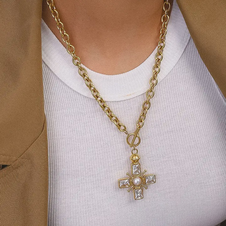 Cross Necklace with crystal and pearl