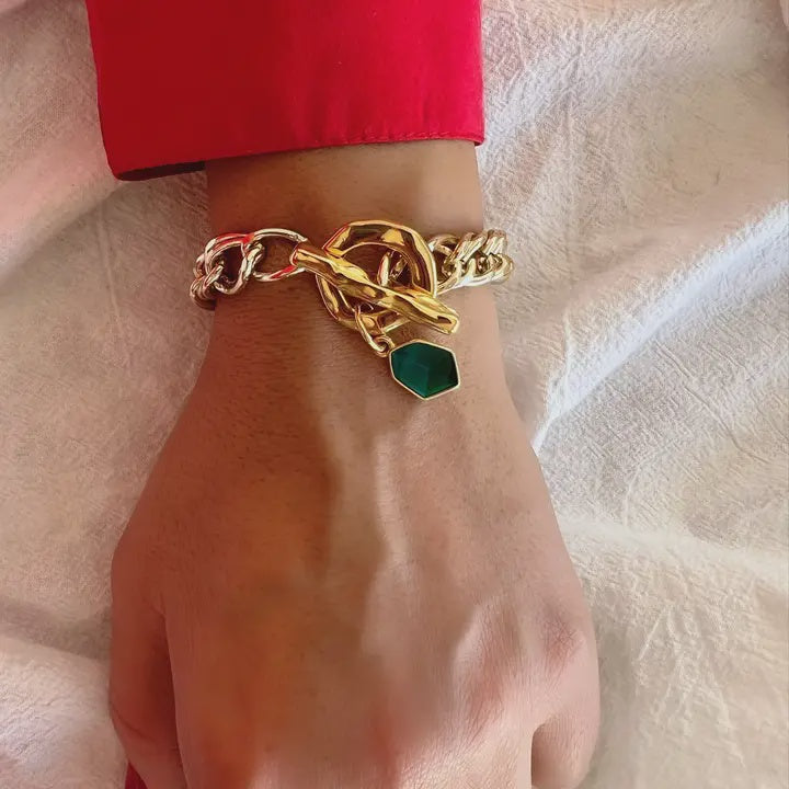 Gold Chunky Chain Bracelet, Green Stone Bracelet, Enamel