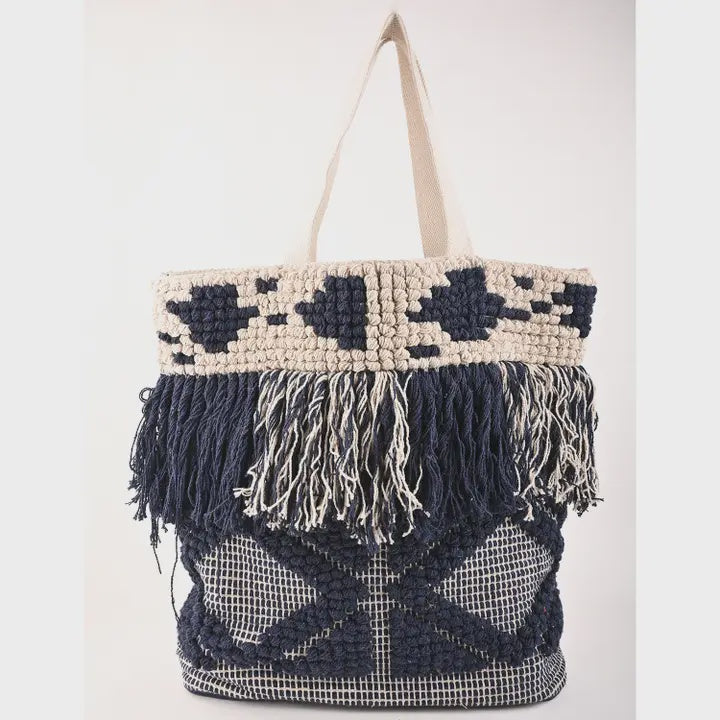 Beige and Navy jute tote