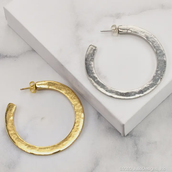 Hammered Knife Edge Post Hoop Earring 2" Diameter