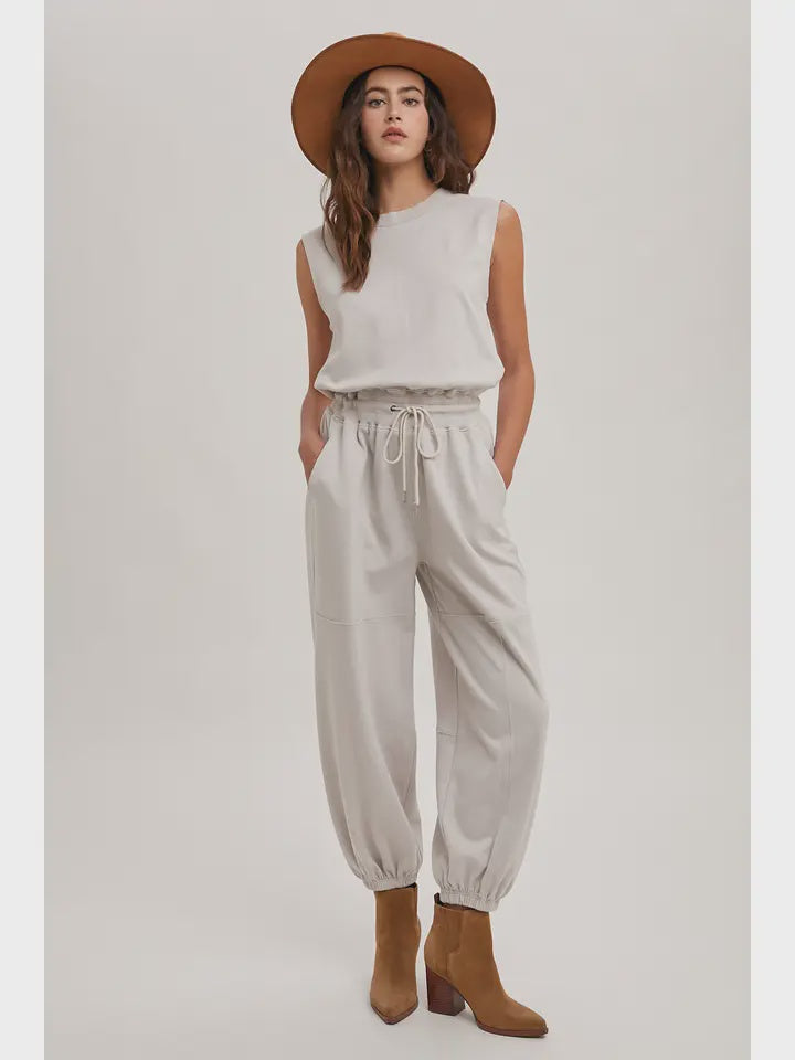 Waist Sleeveless Knit Active Jumpsuit ECRU