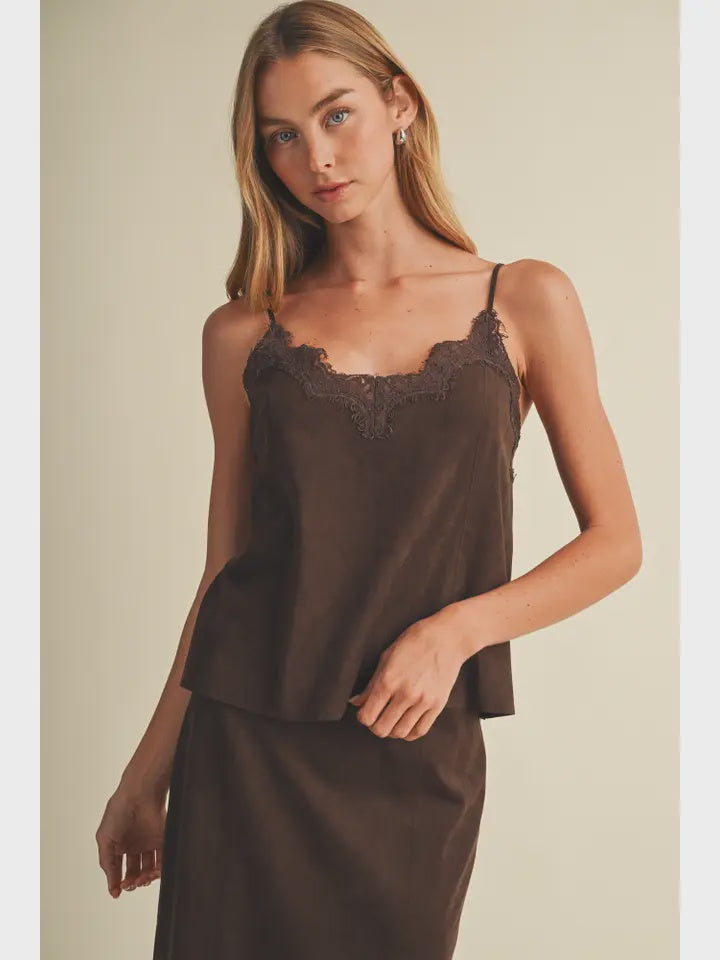 Lace trim V neck Suede camisole